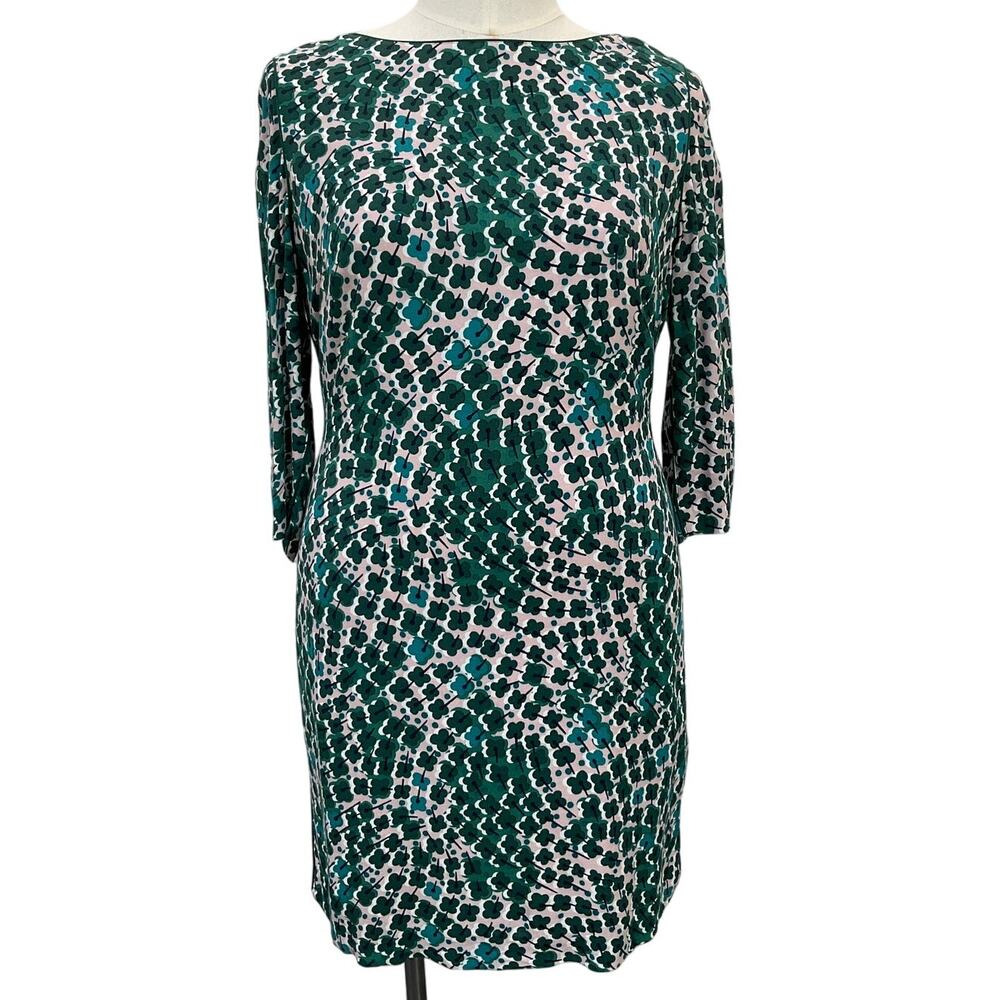 Boden Kelly Jersey Dress 14 Green Pink Clover Floral 3/4 Sleeve Tie Waist Boat